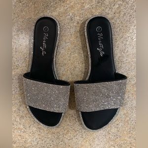 Women’s Rhinestone Open Toe Flat Sandals Glitter Slides Slip on Shoes ❤️